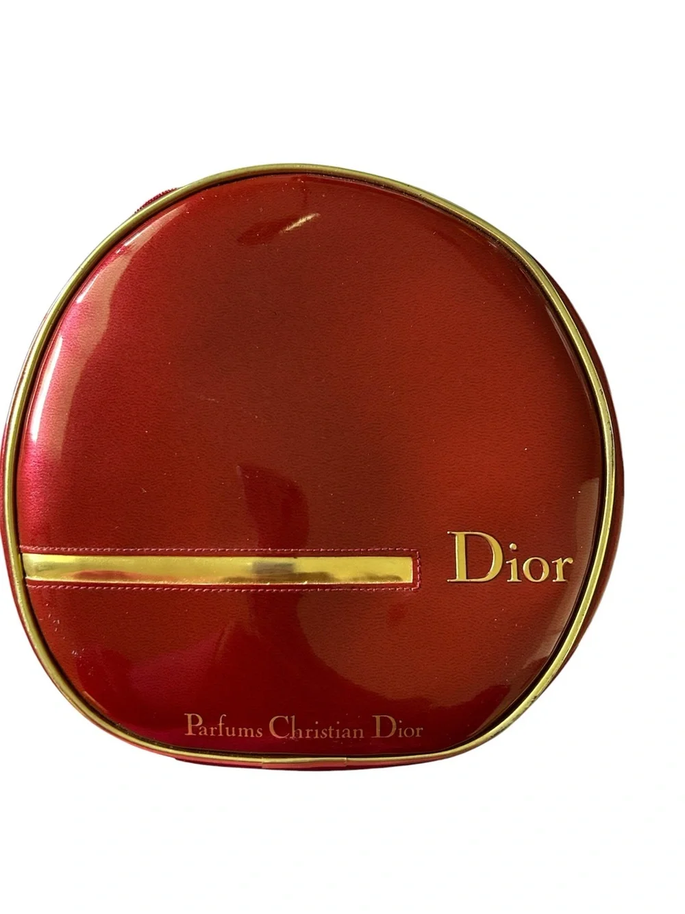 Dior Glossy Red Round Cosmetic Case with Gold Accents